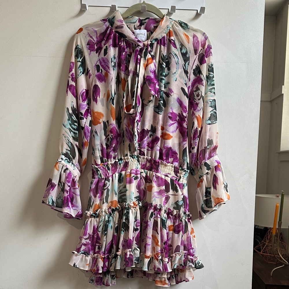 MISA Floral Ruffle Dress with Tie Neck - Picture 2 of 5